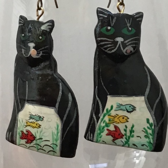 Vintage Cat Earrings Hand Painted Wood Feline Kitty - Picture 12 of 13